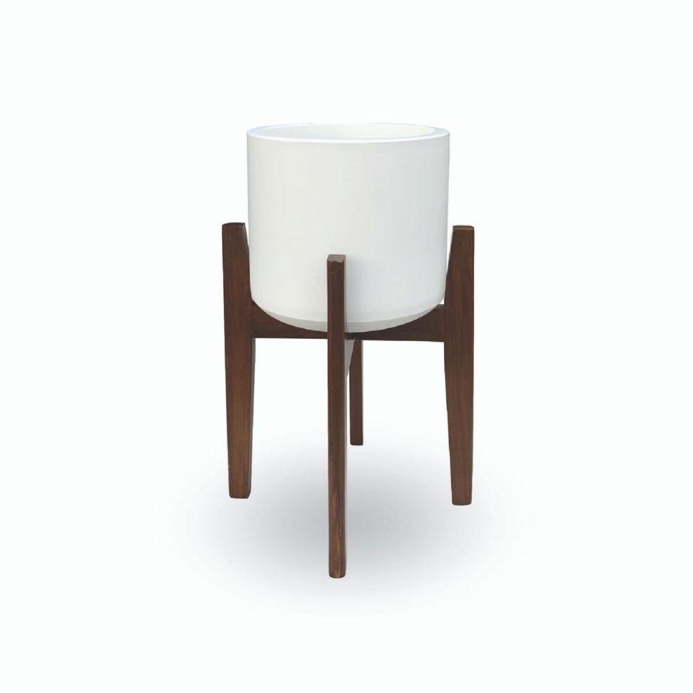 Boni White Mid - Century Cement Planter With Wooden Stand