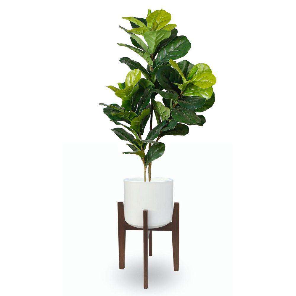 Boni White Mid - Century Cement Planter With Wooden Stand