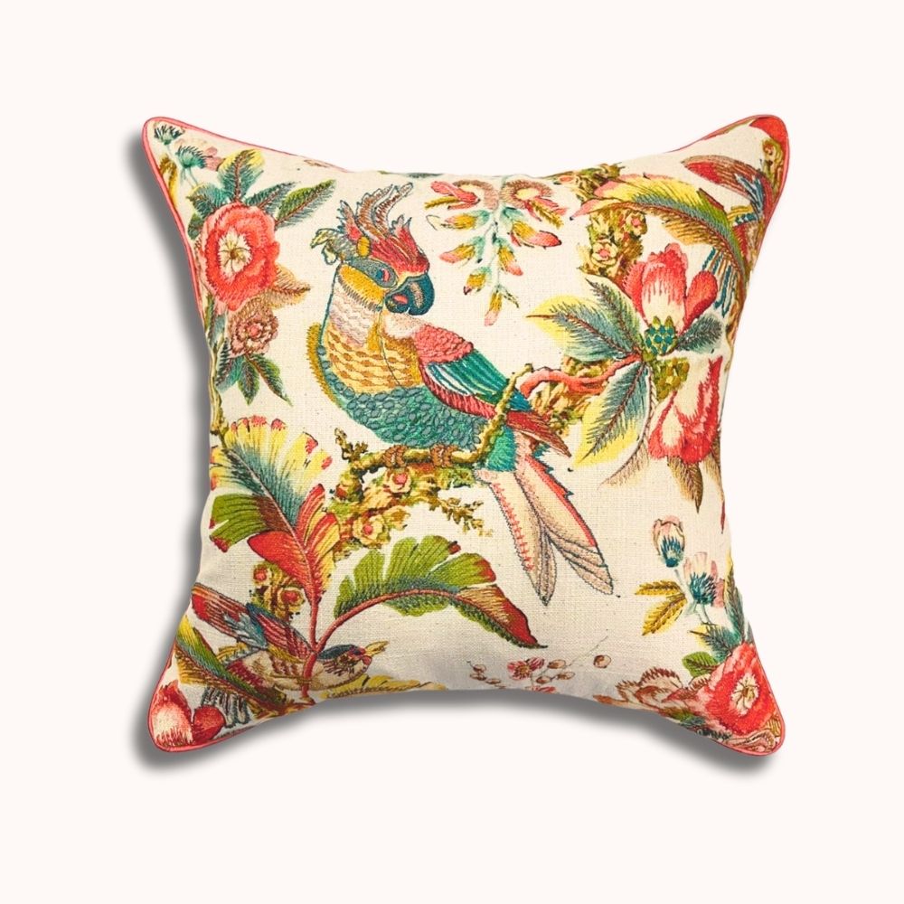 16x16" Tropical Birds of Paradise Pillow Cover – Parrot Embroidery on Cotton, Paper Silk Back