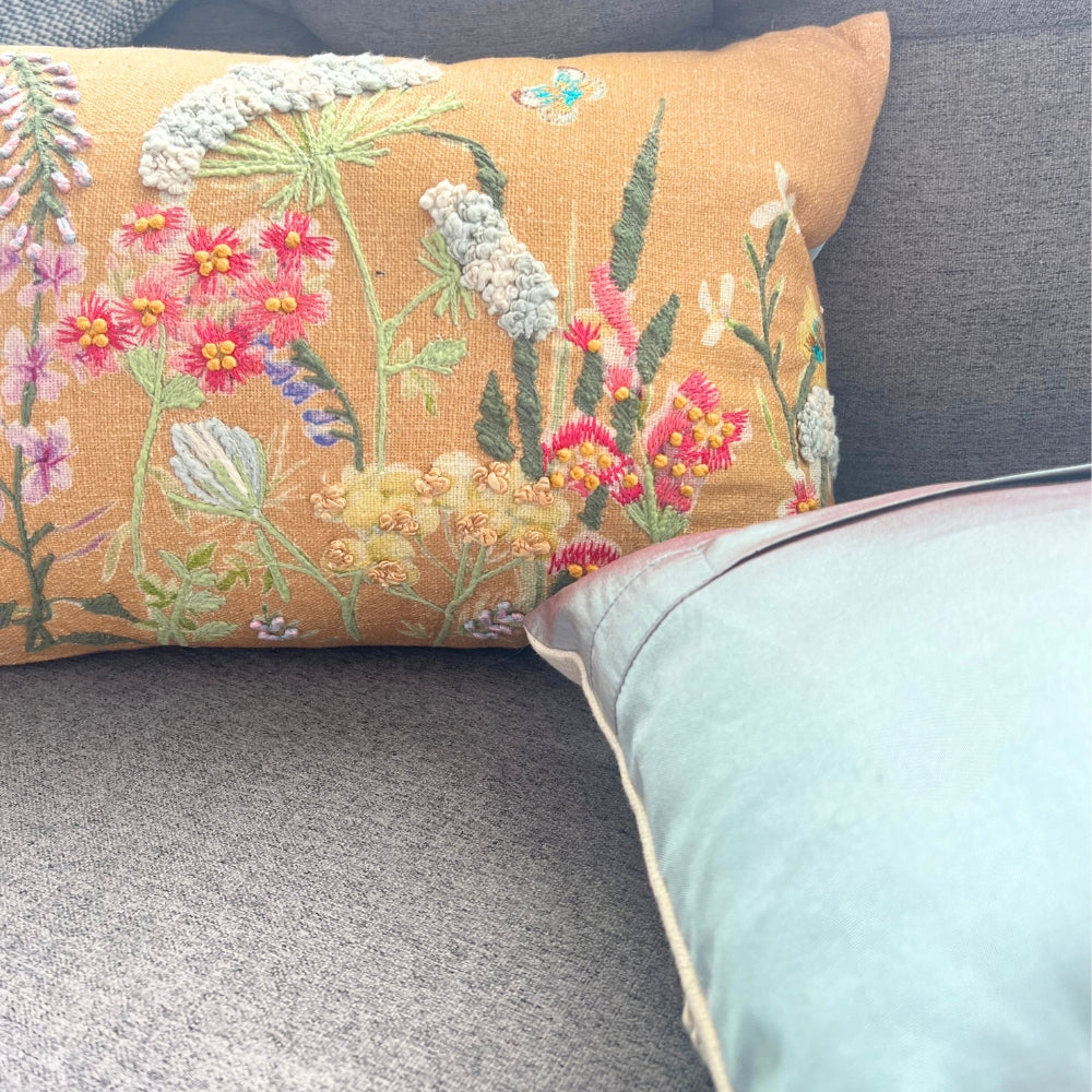 12x20" Embroidered Wildflower Lumbar Pillow – Cotton Front, Paper Silk Back