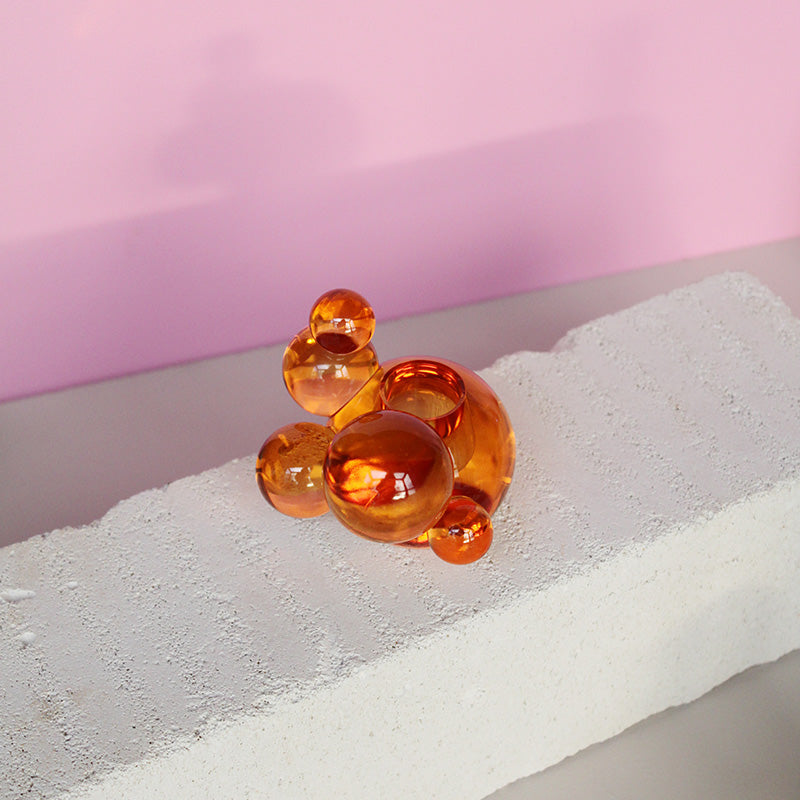 Bubble Crystal Glass Candle Holder - Orange Decorative Sculpture