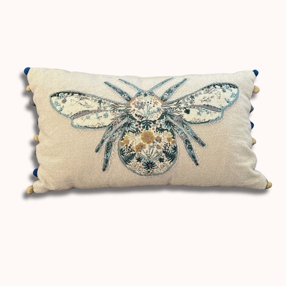 Embroidered Bumblebee Linen Lumbar Pillow Cover – Boho Farmhouse Decorative Accent Pillow with Pom Poms