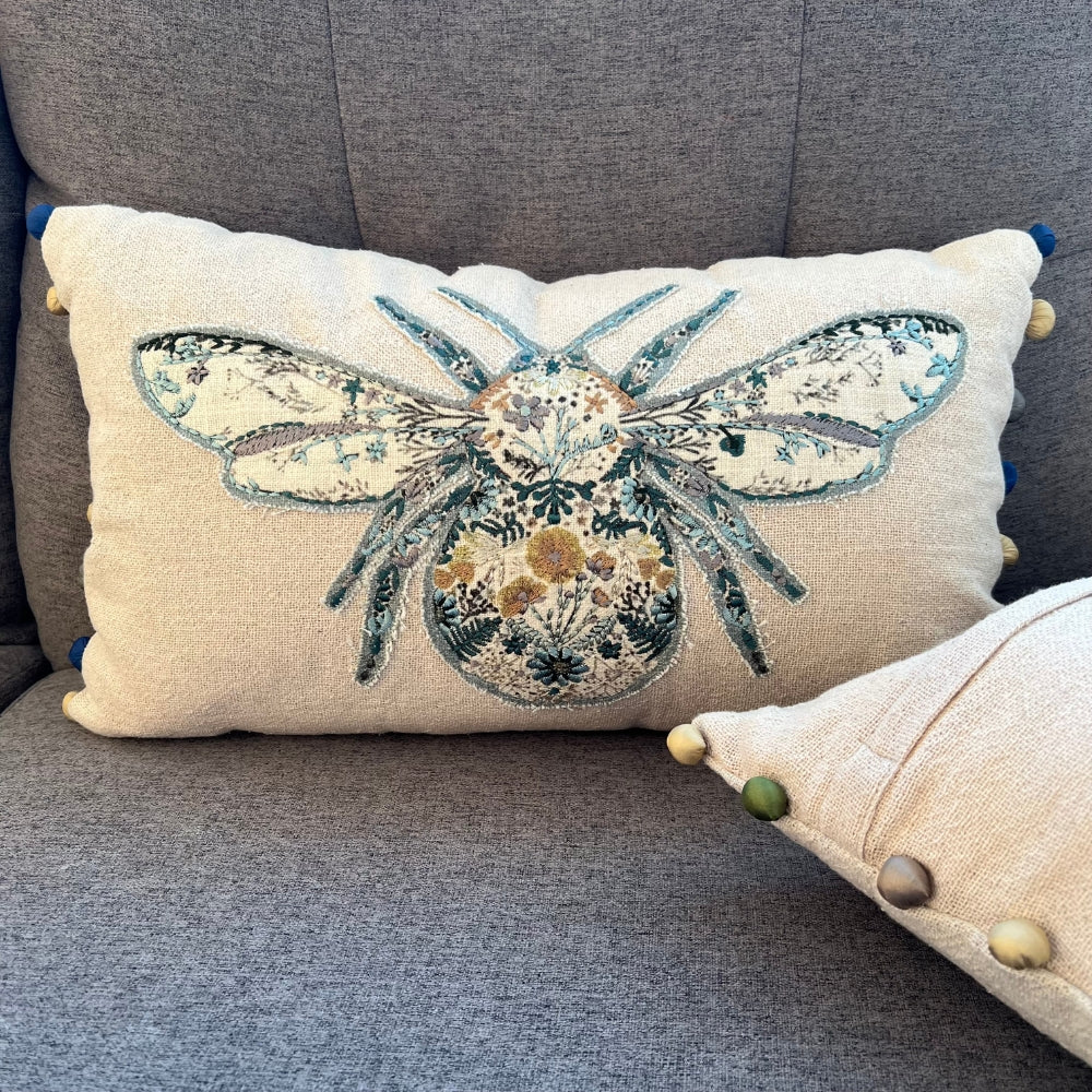 Embroidered Bumblebee Linen Lumbar Pillow Cover – Boho Farmhouse Decorative Accent Pillow with Pom Poms