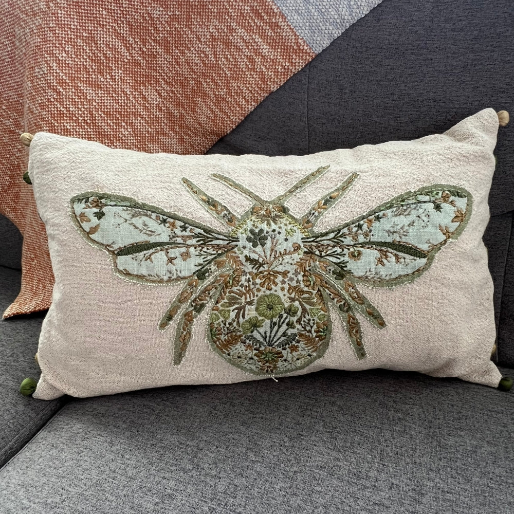 Embroidered Bumblebee Linen Lumbar Pillow Cover – Boho Farmhouse Decorative Accent Pillow with Pom Poms