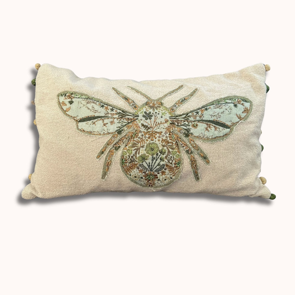 Embroidered Bumblebee Linen Lumbar Pillow Cover – Boho Farmhouse Decorative Accent Pillow with Pom Poms
