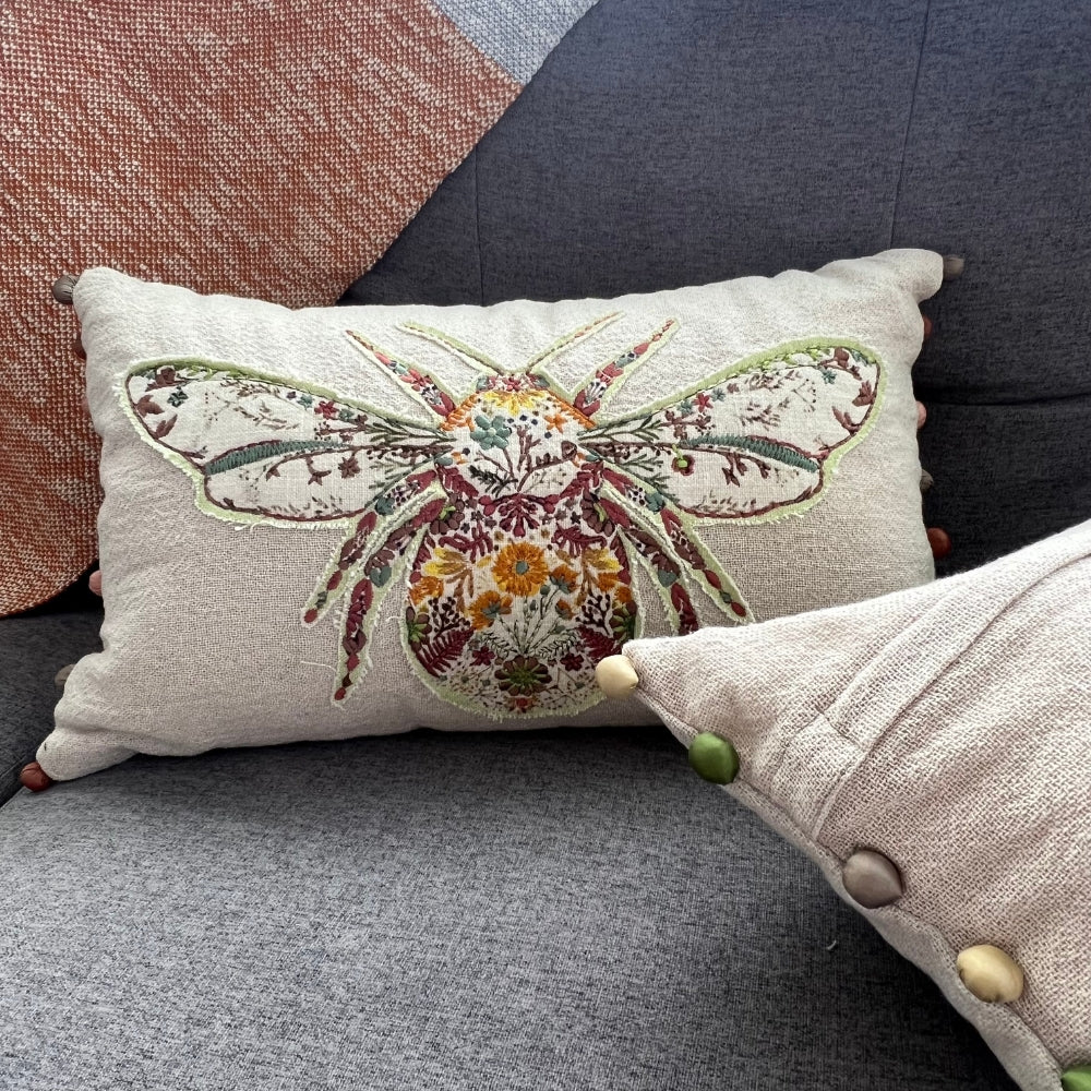 Embroidered Bumblebee Linen Lumbar Pillow Cover – Boho Farmhouse Decorative Accent Pillow with Pom Poms