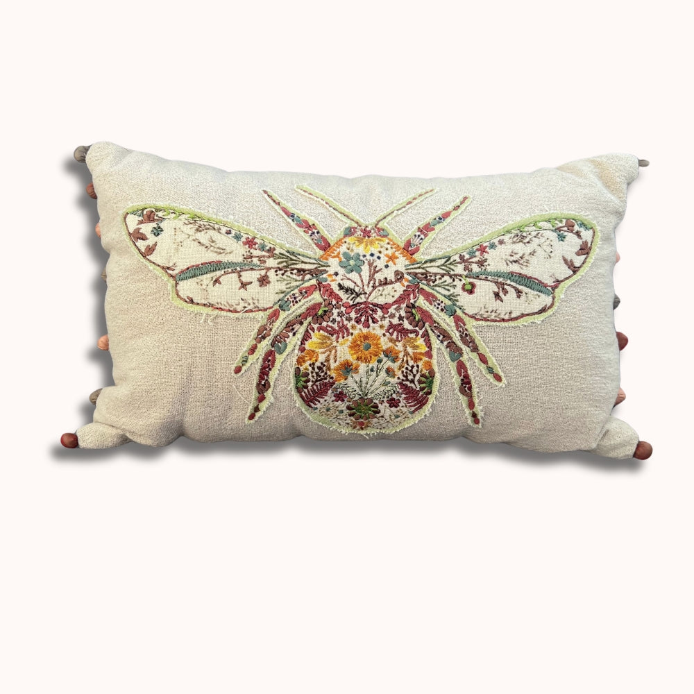Embroidered Bumblebee Linen Lumbar Pillow Cover – Boho Farmhouse Decorative Accent Pillow with Pom Poms