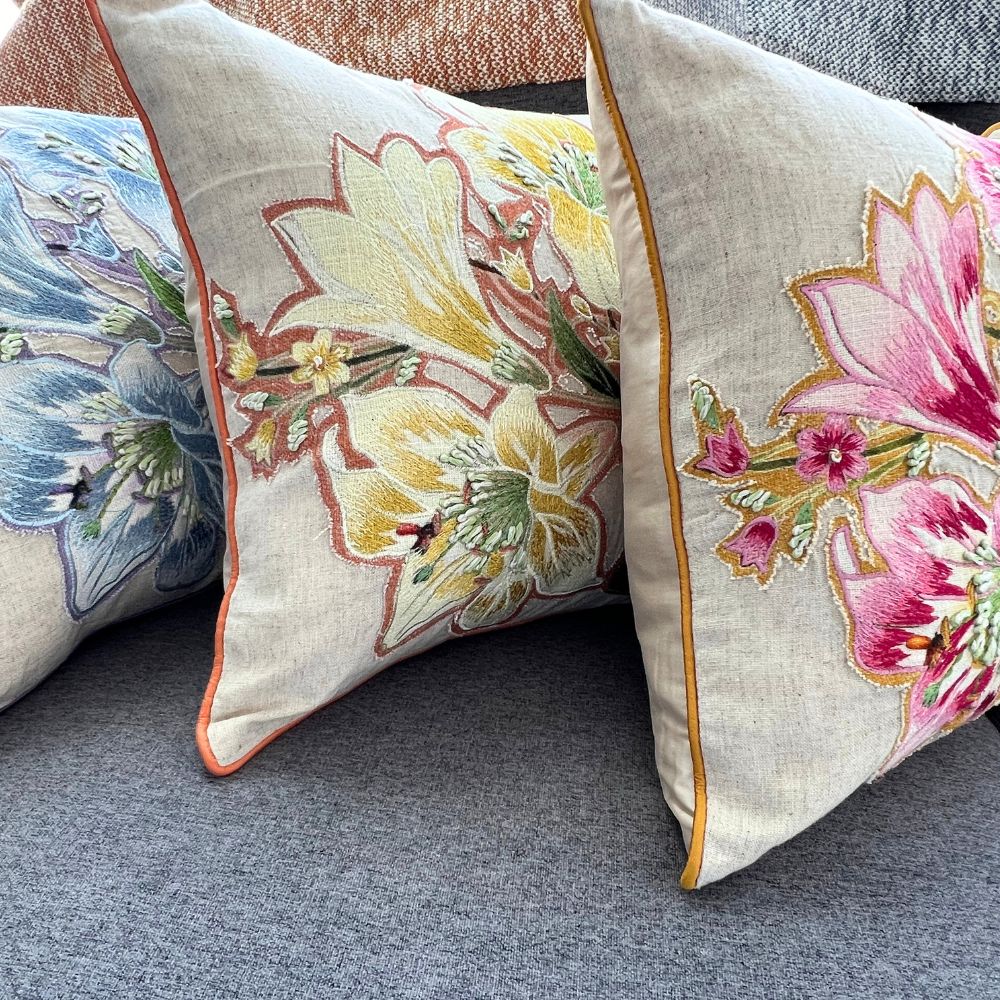 16x16" Embroidered Floral Square Pillow Cover – Cotton Front, Paper Silk Back