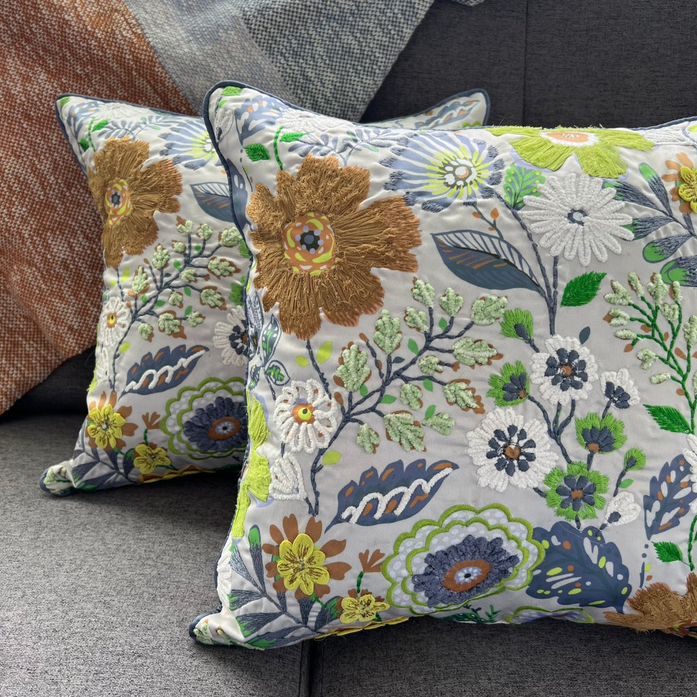 16x16" Hand Embroidered Floral Pillow Cover – Paper Silk Back, Square Decorative Accent