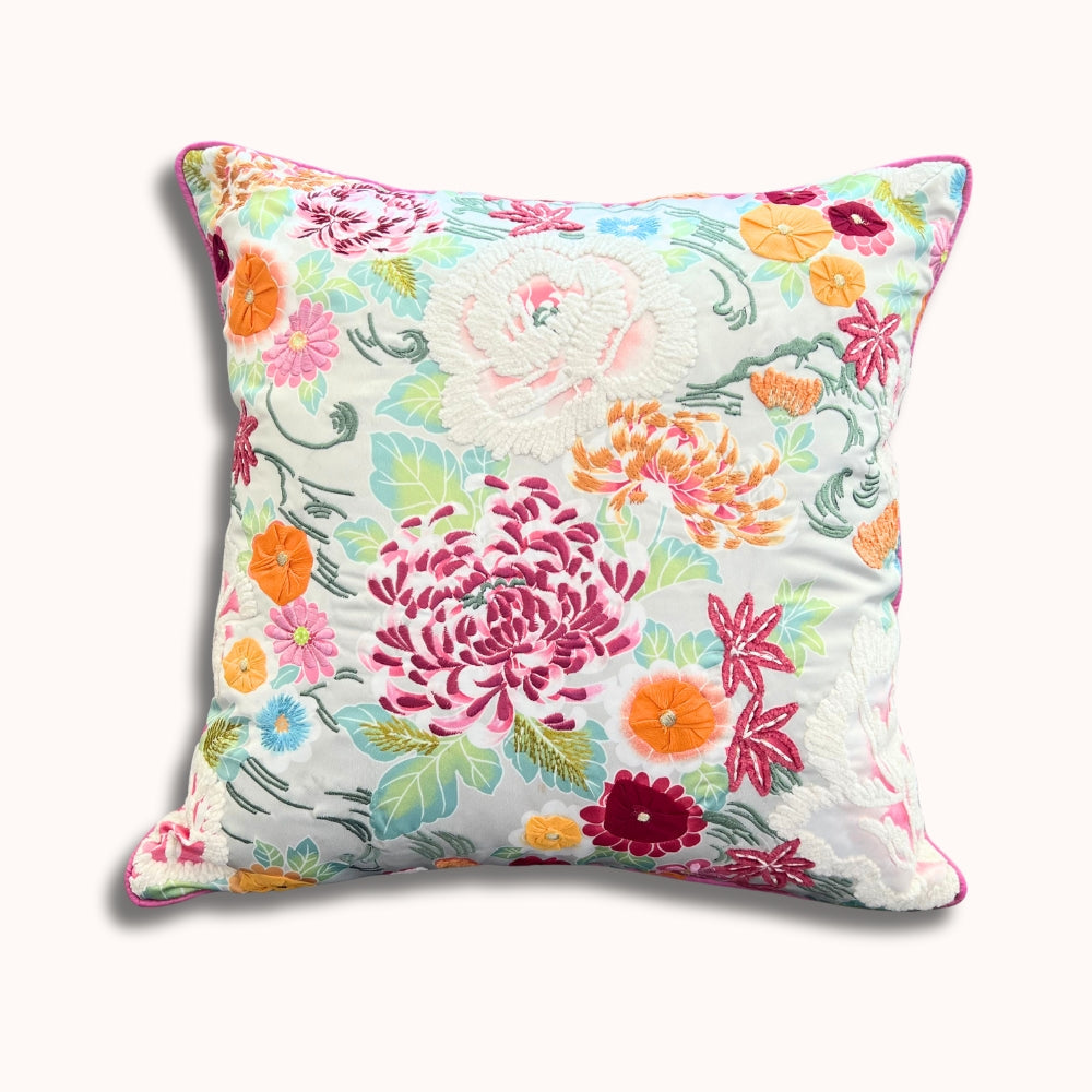 16x16" Vibrant Multi-Color Floral Embroidered Pillow Cover – Paper Silk Back, Statement Piece