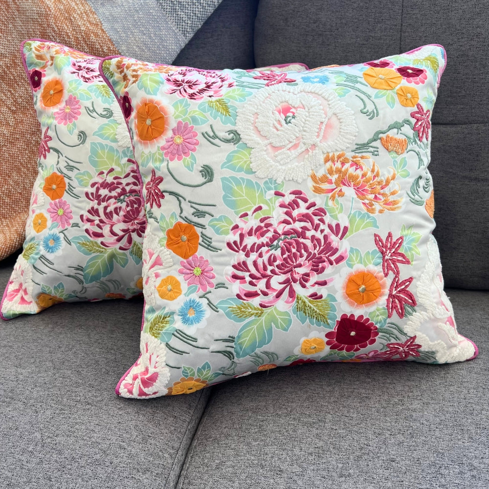16x16" Vibrant Multi-Color Floral Embroidered Pillow Cover – Paper Silk Back, Statement Piece