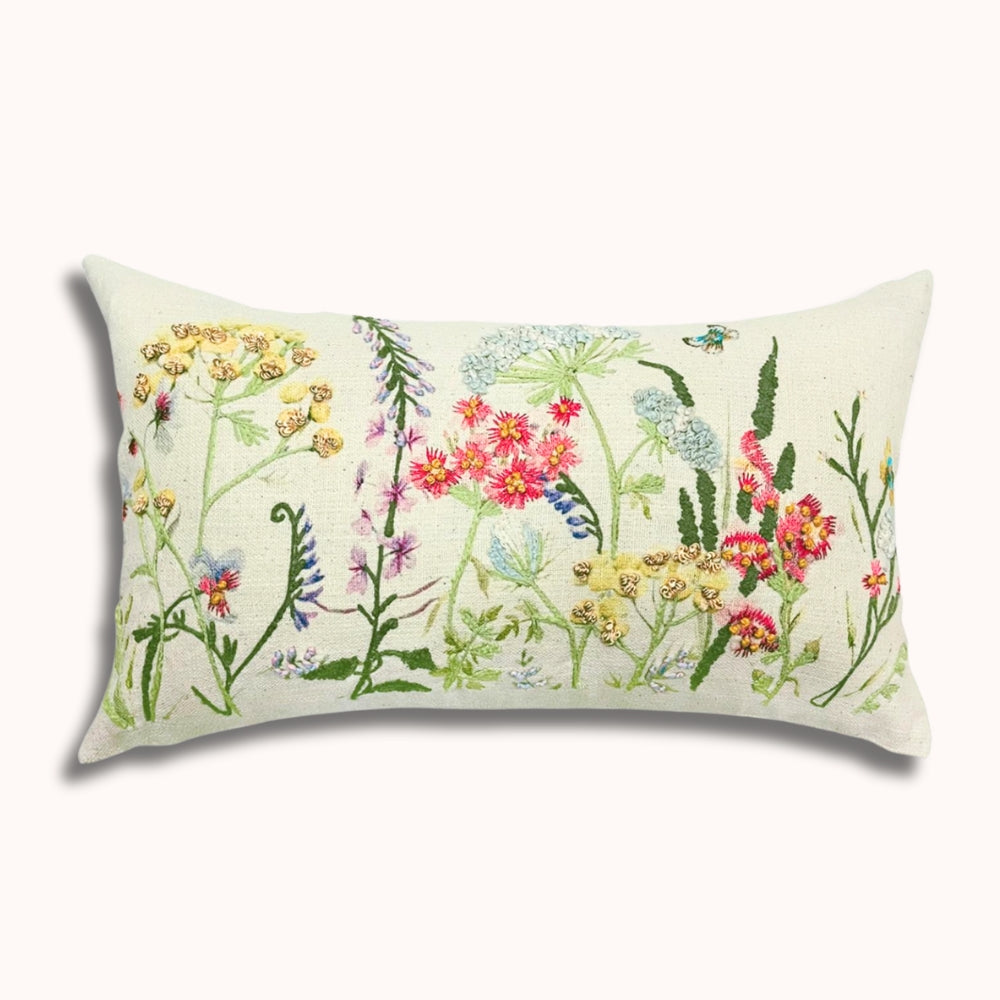 12x20" Embroidered Wildflower Lumbar Pillow – Cotton Front, Paper Silk Back