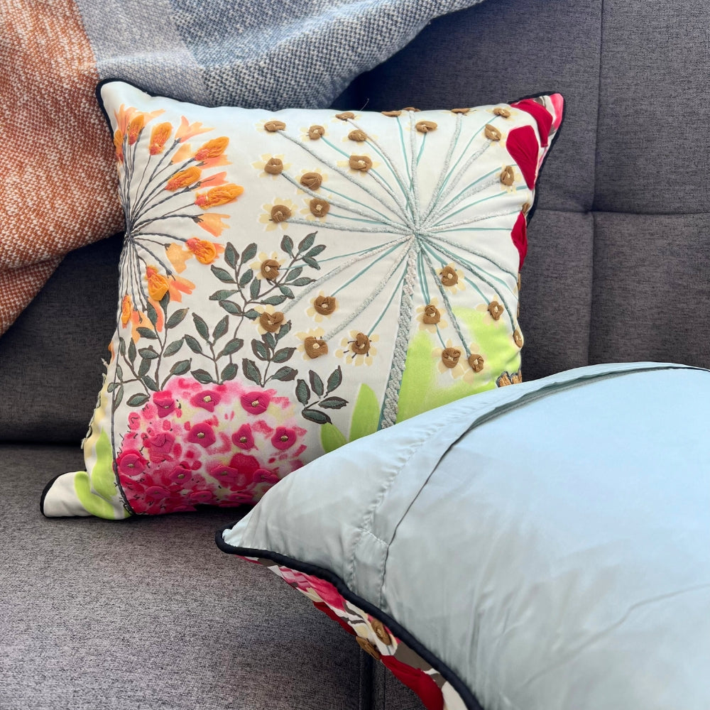 16x16" Dandelion Floral Embroidered Pillow Cover – Vibrant Multi-Color Accent with Paper Silk Back