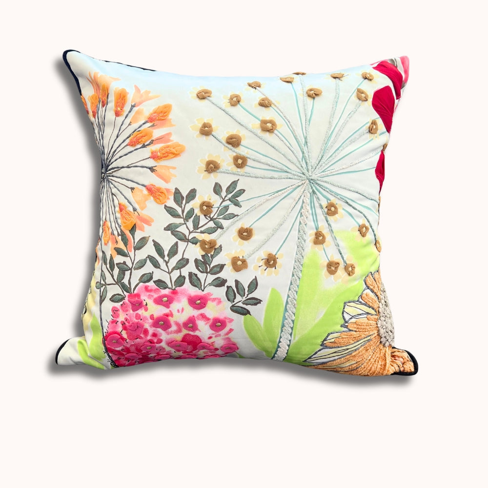16x16" Dandelion Floral Embroidered Pillow Cover – Vibrant Multi-Color Accent with Paper Silk Back