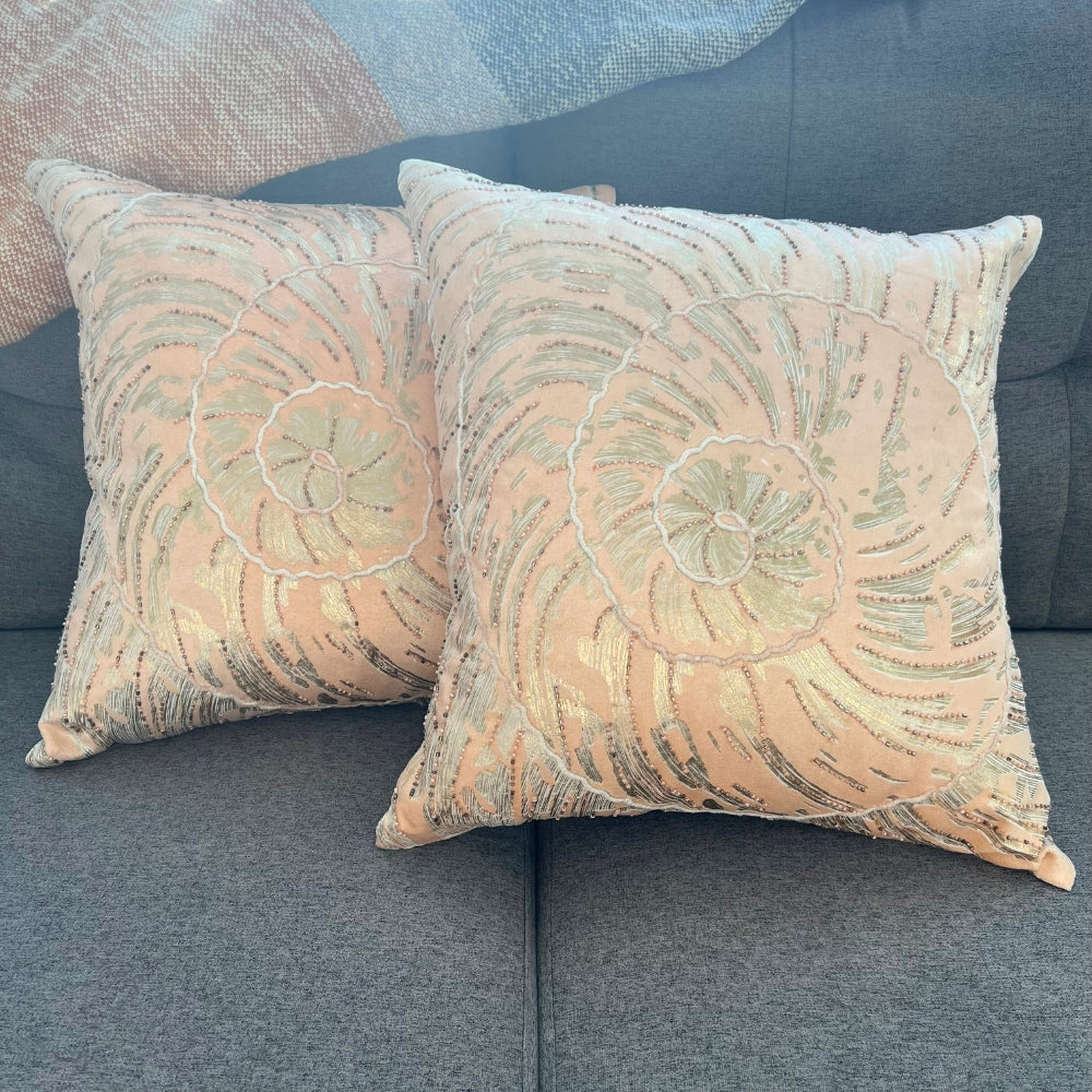 18x18" Blush Pink Velvet Pillow Cover – Gold Swirl Embroidery & Beads, Paper Silk Back