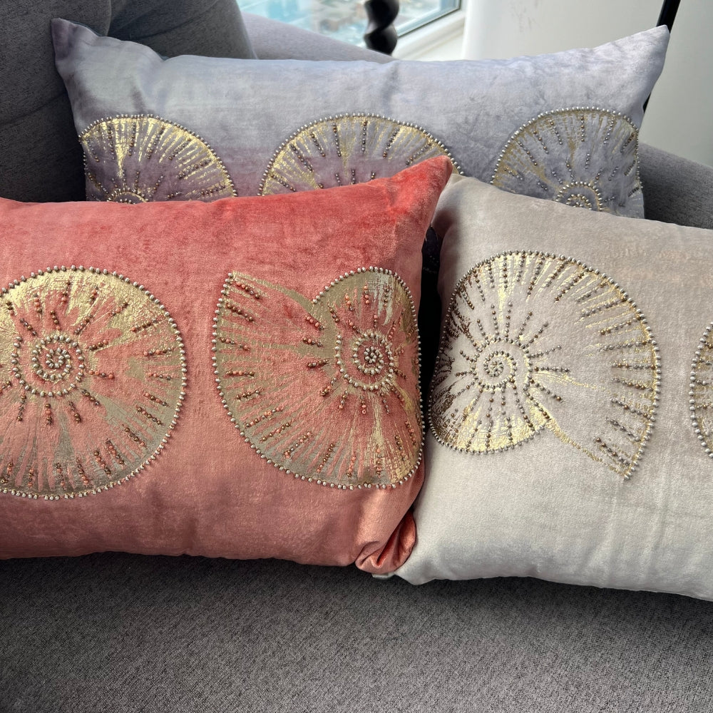14x22" Velvet Lumbar Pillow – Golden Shell Embroidery, Silk Back, Designer Accent