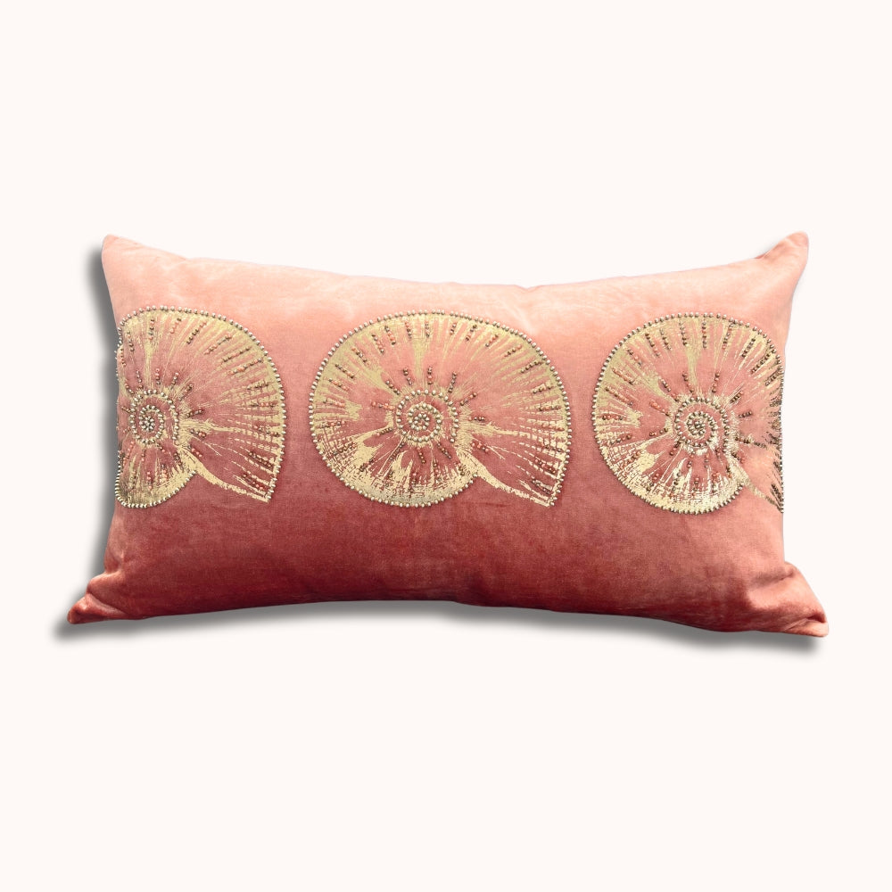 14x22" Velvet Lumbar Pillow – Golden Shell Embroidery, Silk Back, Designer Accent