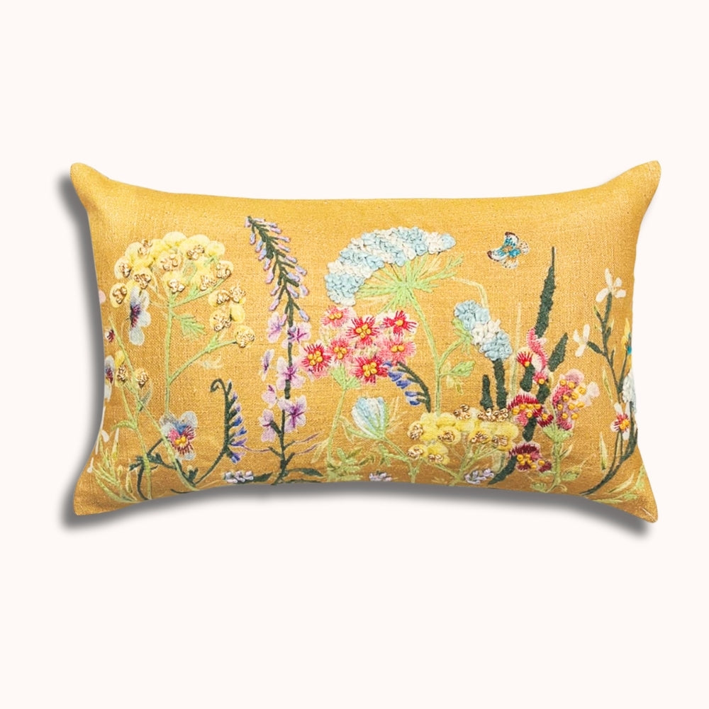12x20" Embroidered Wildflower Lumbar Pillow – Cotton Front, Paper Silk Back