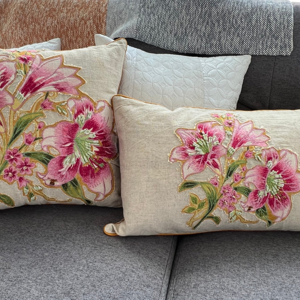 12x20" Embroidered Floral Lumbar Pillow Cover – Cotton Front, Paper Silk Back