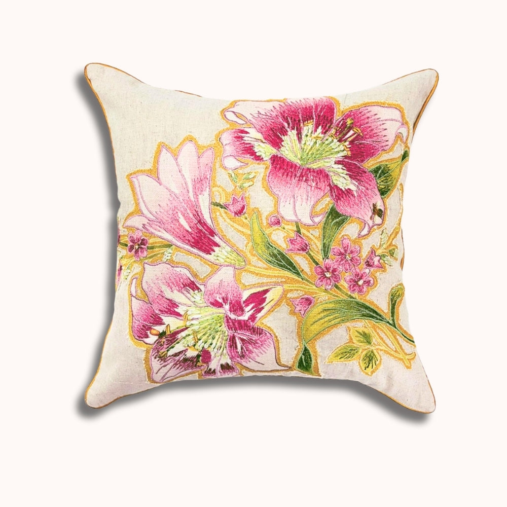 16x16" Embroidered Floral Square Pillow Cover – Cotton Front, Paper Silk Back