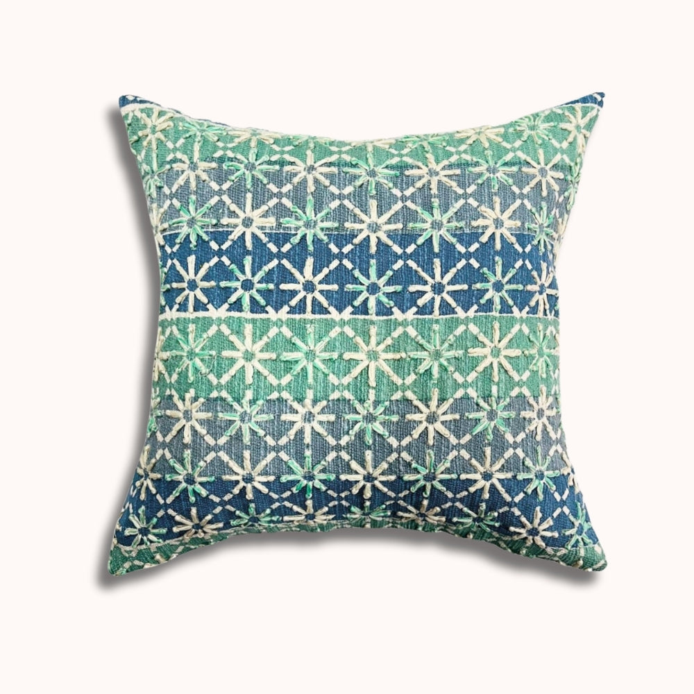 16x16" Geometric Embroidered Cotton Pillow Cover – Starburst Pattern, Paper Silk Back