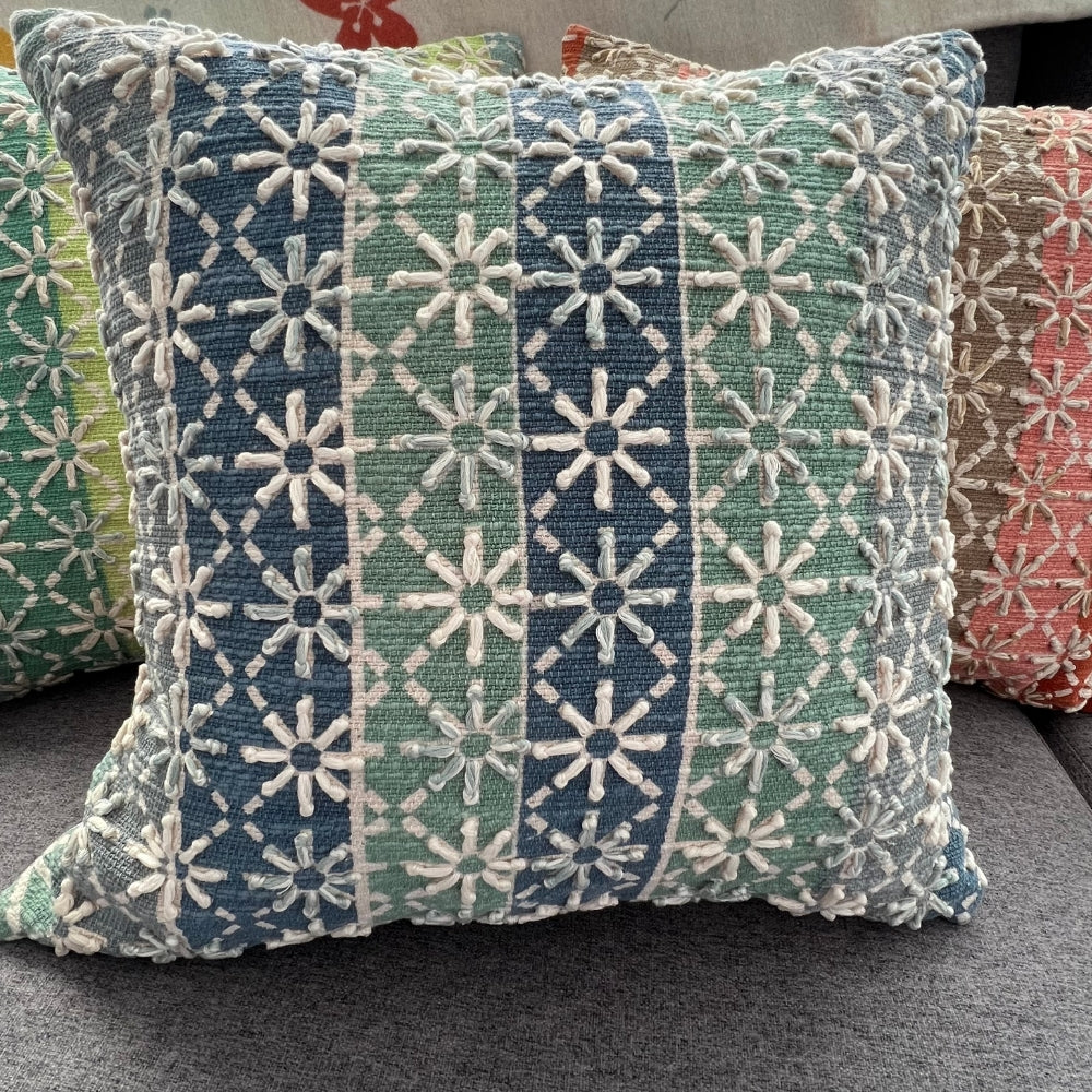 16x16" Geometric Embroidered Cotton Pillow Cover – Starburst Pattern, Paper Silk Back