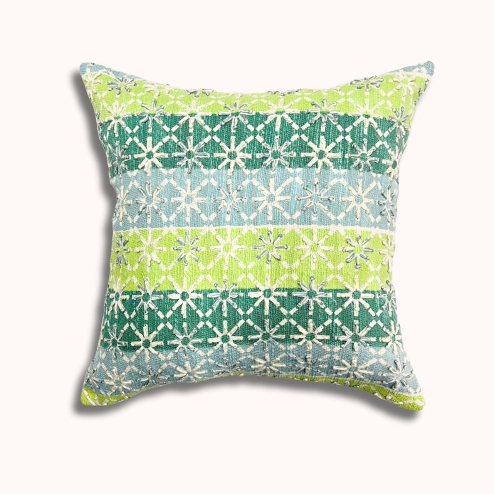 16x16" Geometric Embroidered Cotton Pillow Cover – Starburst Pattern, Paper Silk Back