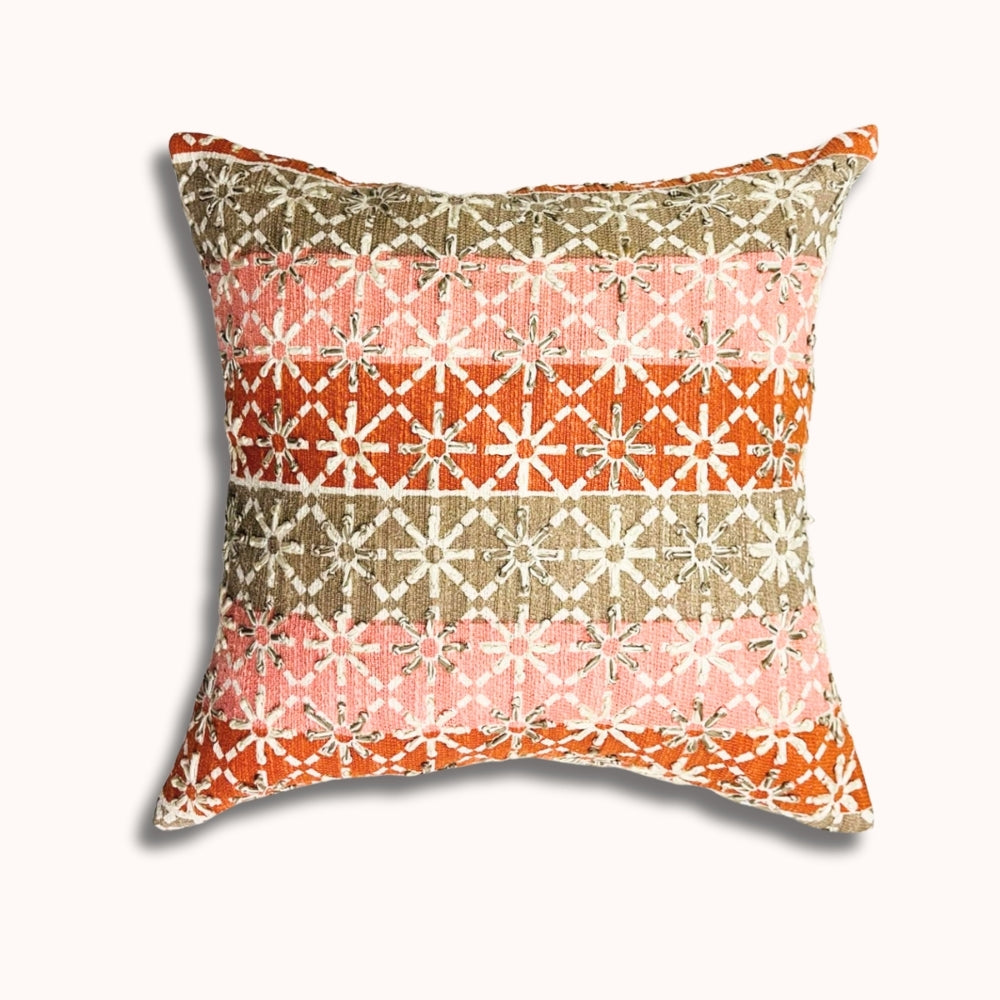 16x16" Geometric Embroidered Cotton Pillow Cover – Starburst Pattern, Paper Silk Back