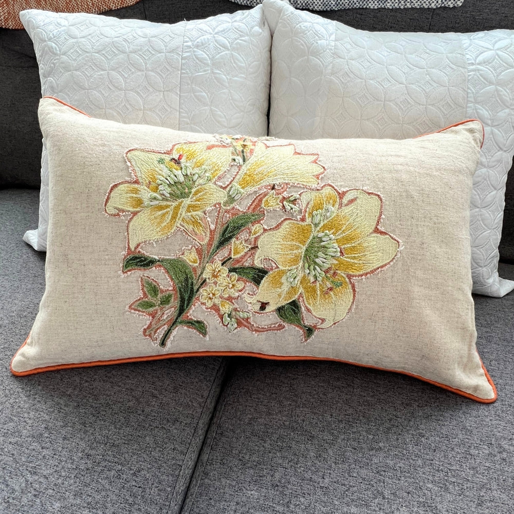 12x20" Embroidered Floral Lumbar Pillow Cover – Cotton Front, Paper Silk Back