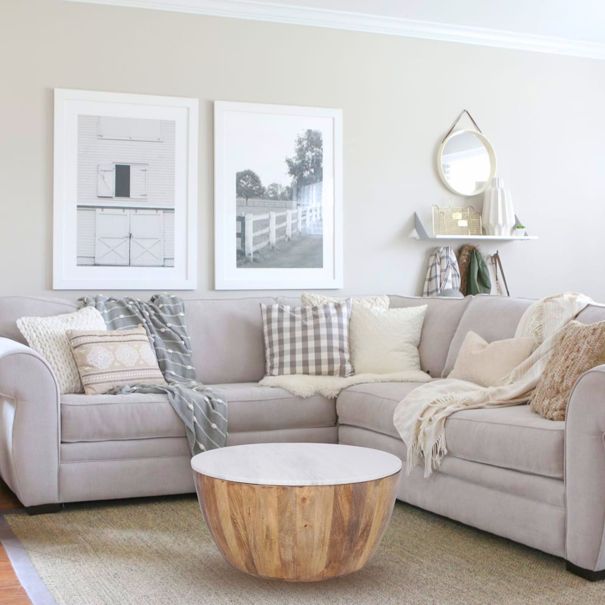 Cecile Mango Wood Drum Coffee Table With Marble Top